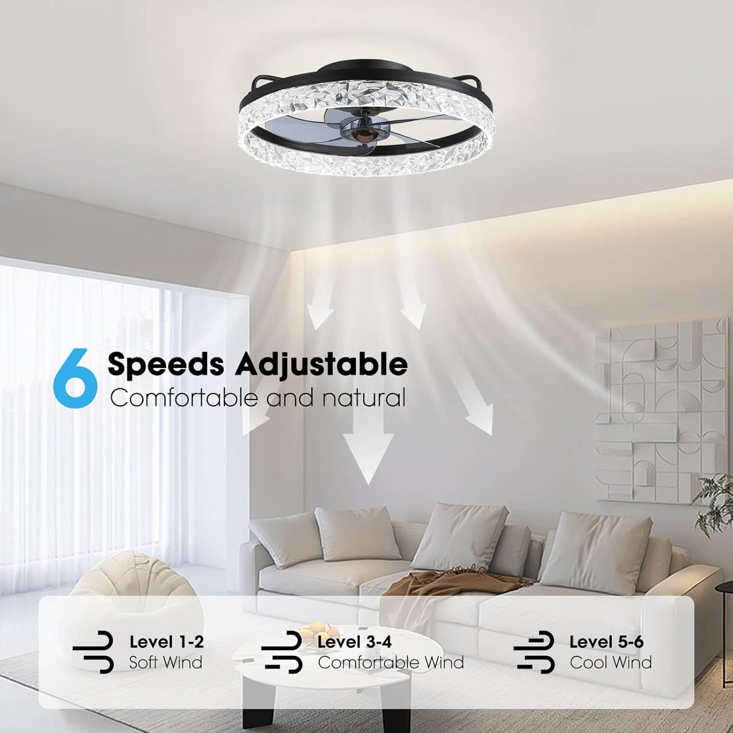 Ventilateur de Plafond Lumineux LED Dimmable Rond Moderne Noir Doré Blanc 6 Vitesses 3 Tons de Lumière | Koossa