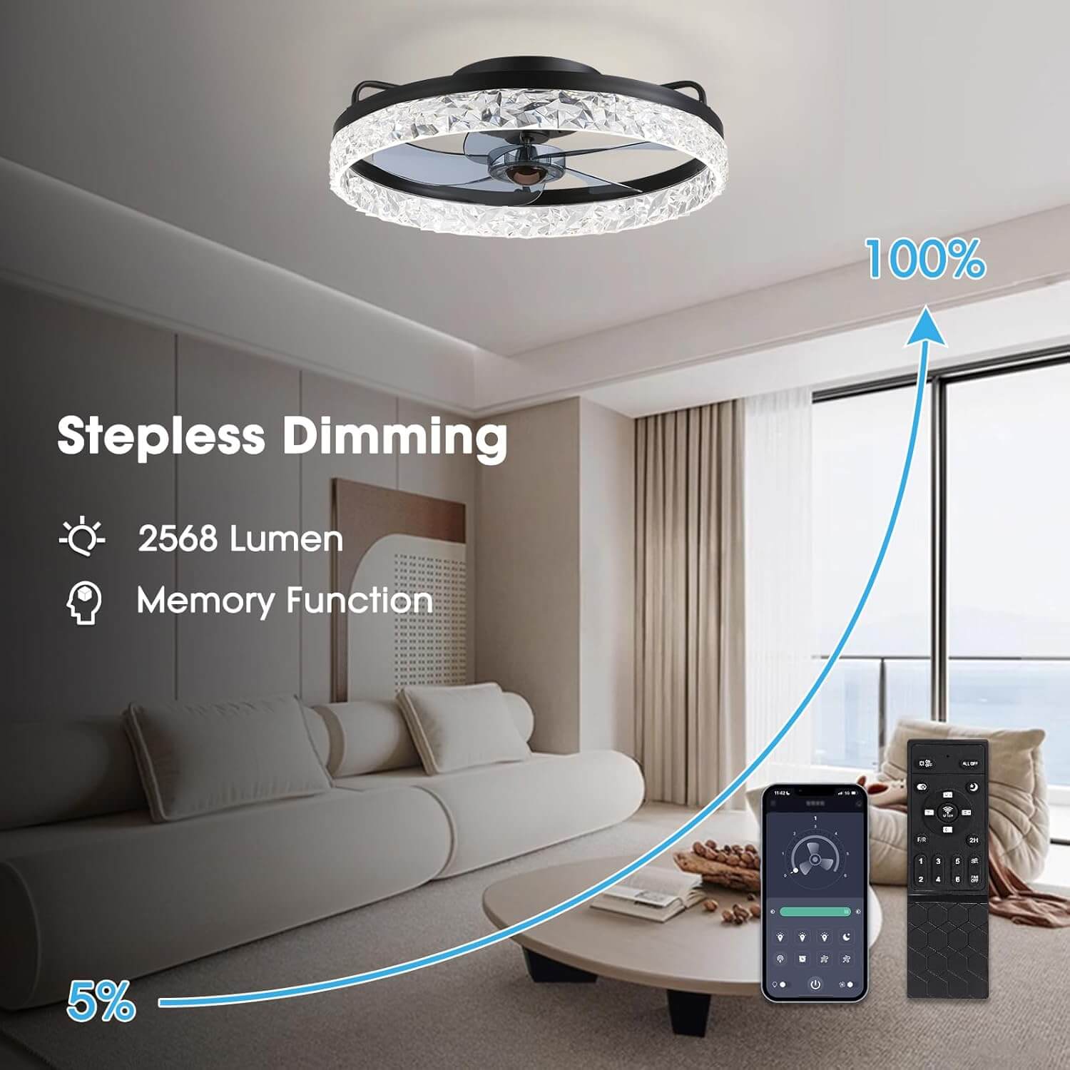 Ventilateur de Plafond Lumineux LED Dimmable Rond Moderne Noir Doré Blanc 6 Vitesses 3 Tons de Lumière | Koossa