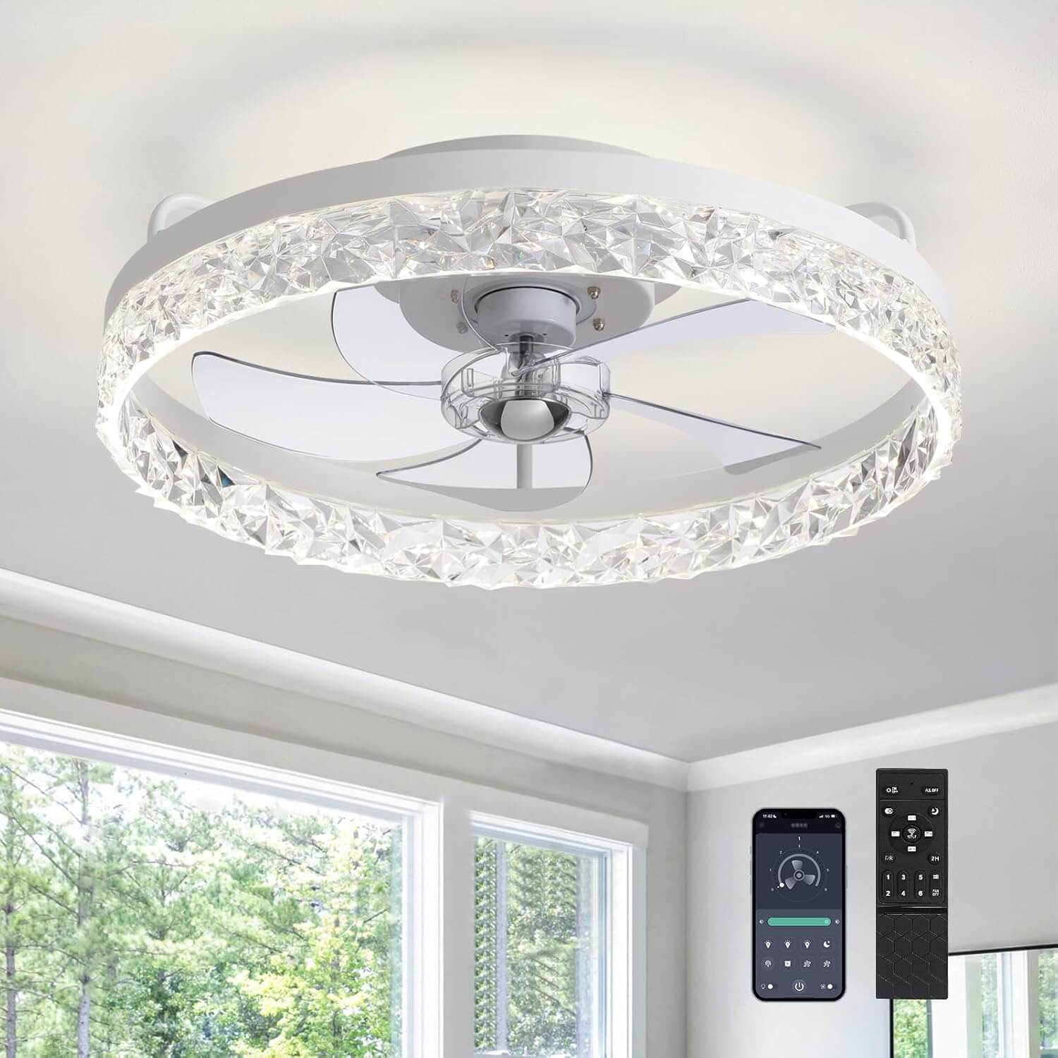 Ventilateur de Plafond Lumineux LED Dimmable Rond Moderne Noir Doré Blanc 6 Vitesses 3 Tons de Lumière | Koossa