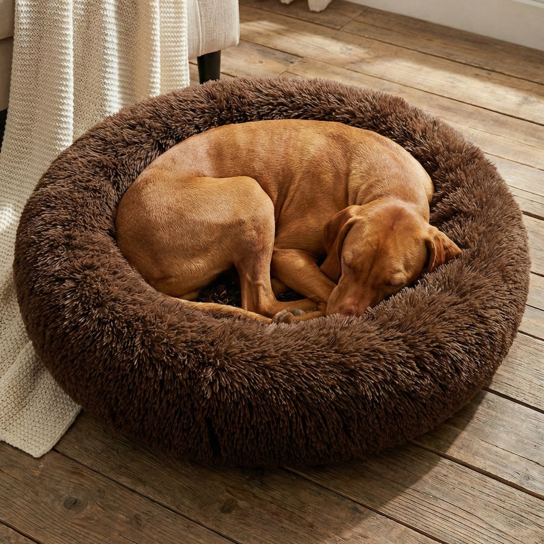 Dog Calming Bed Plush Donut Round Washable Cover Large Medium Anti-Anxiety Nesting Dog Bed Fluffy Shaggy Grey Curl-Up | Koossa