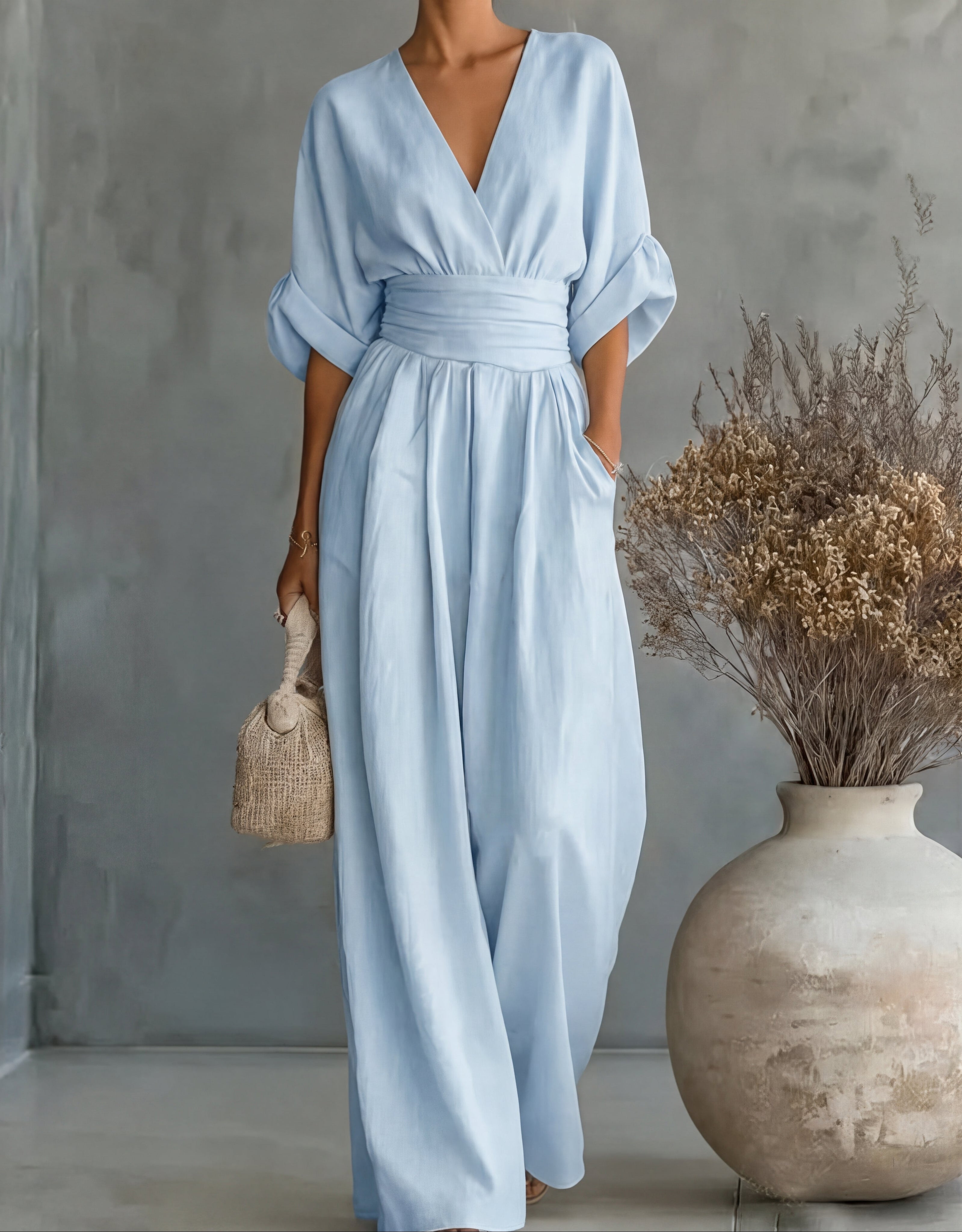 Women's Wrap-Front Wide-Leg Jumpsuit in Flowing Soft Fabric – Occasion Wear, Evening, Celebrations, Spring Summer Elegant One-Piece with Pockets | Koossa