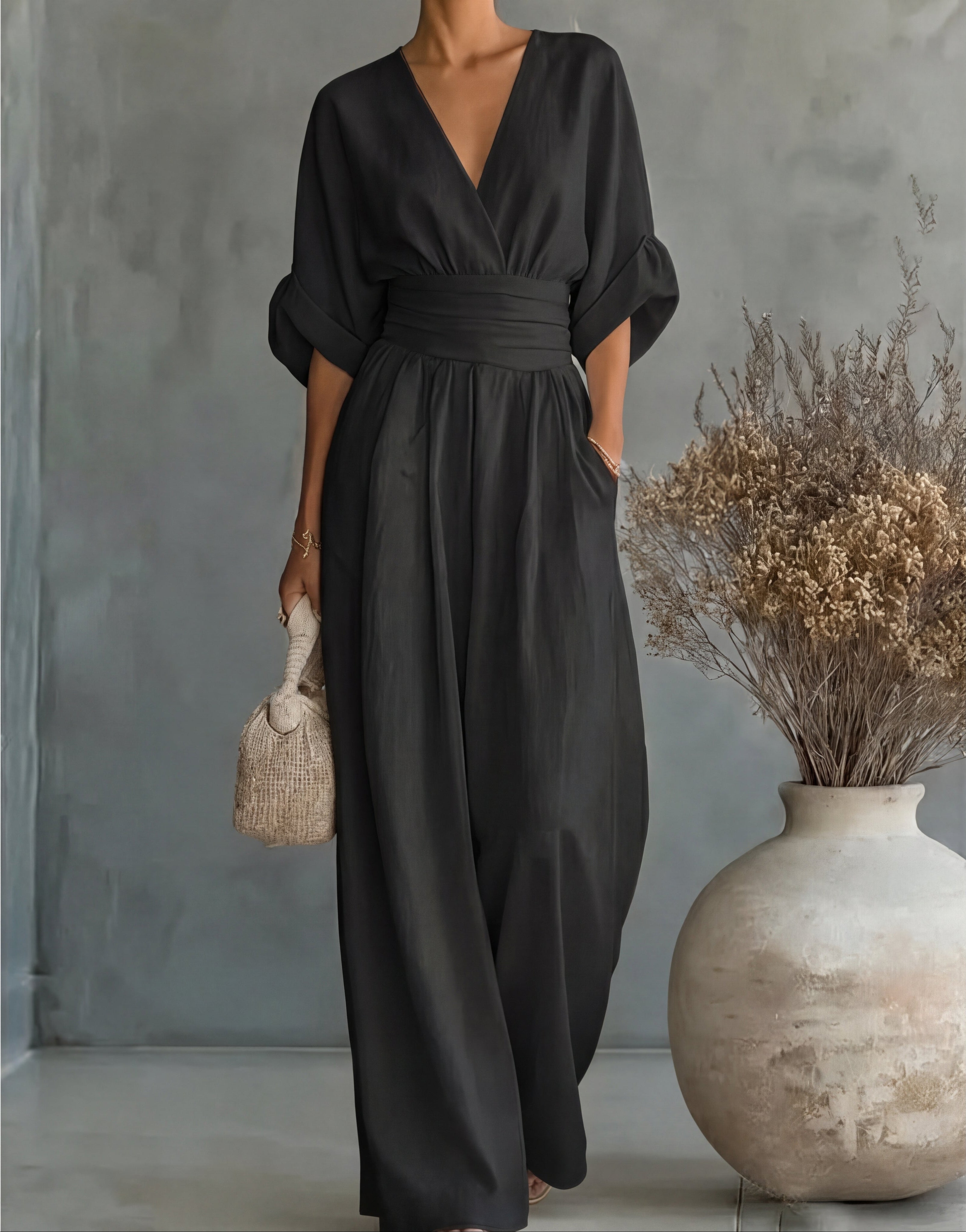 Women's Wrap-Front Wide-Leg Jumpsuit in Flowing Soft Fabric – Occasion Wear, Evening, Celebrations, Spring Summer Elegant One-Piece with Pockets | Koossa