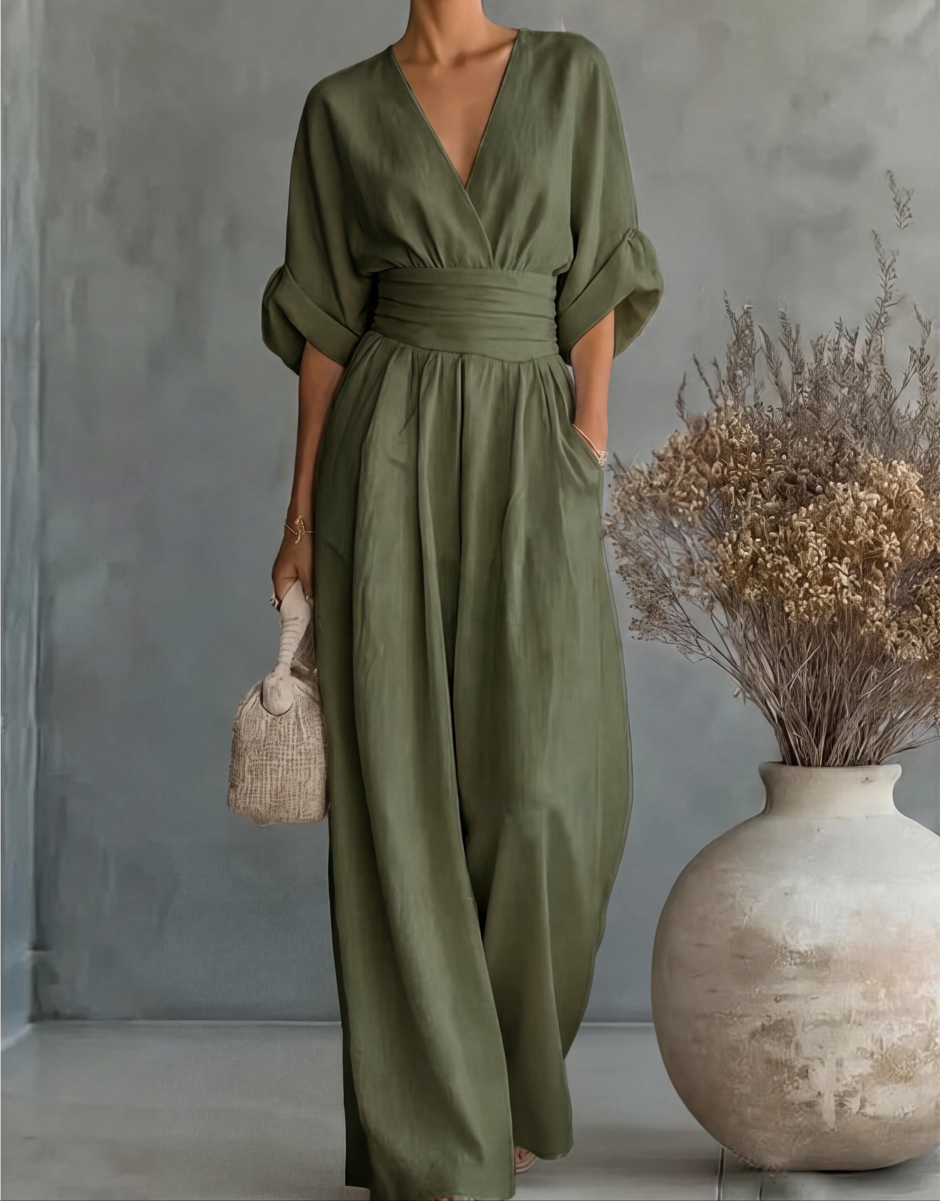 Women's Wrap-Front Wide-Leg Jumpsuit in Flowing Soft Fabric – Occasion Wear, Evening, Celebrations, Spring Summer Elegant One-Piece with Pockets | Koossa