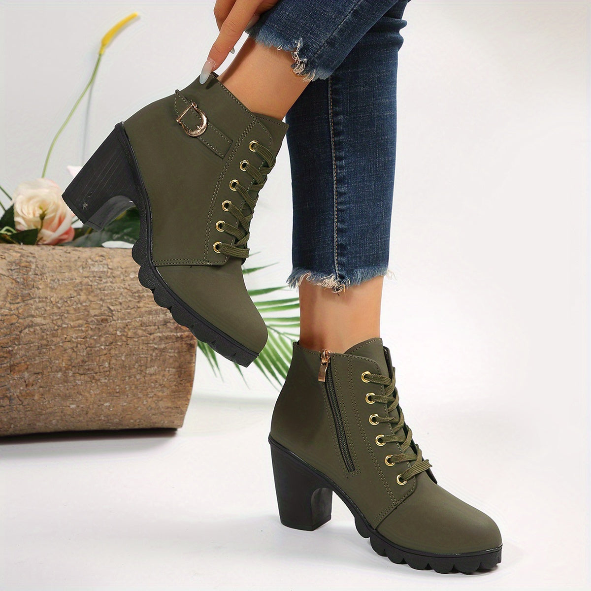 Lace-Up Ankle Boots with Block Heel in Dark Green, Black & Burgundy – Versatile Leather-Look Boots with Side Zip | Koossa