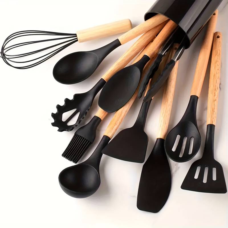 Set de 12 Ustensiles de Cuisine en Silicone avec Manches en Bois Naturel pour Cuisson Douce et Soignée | Koossa