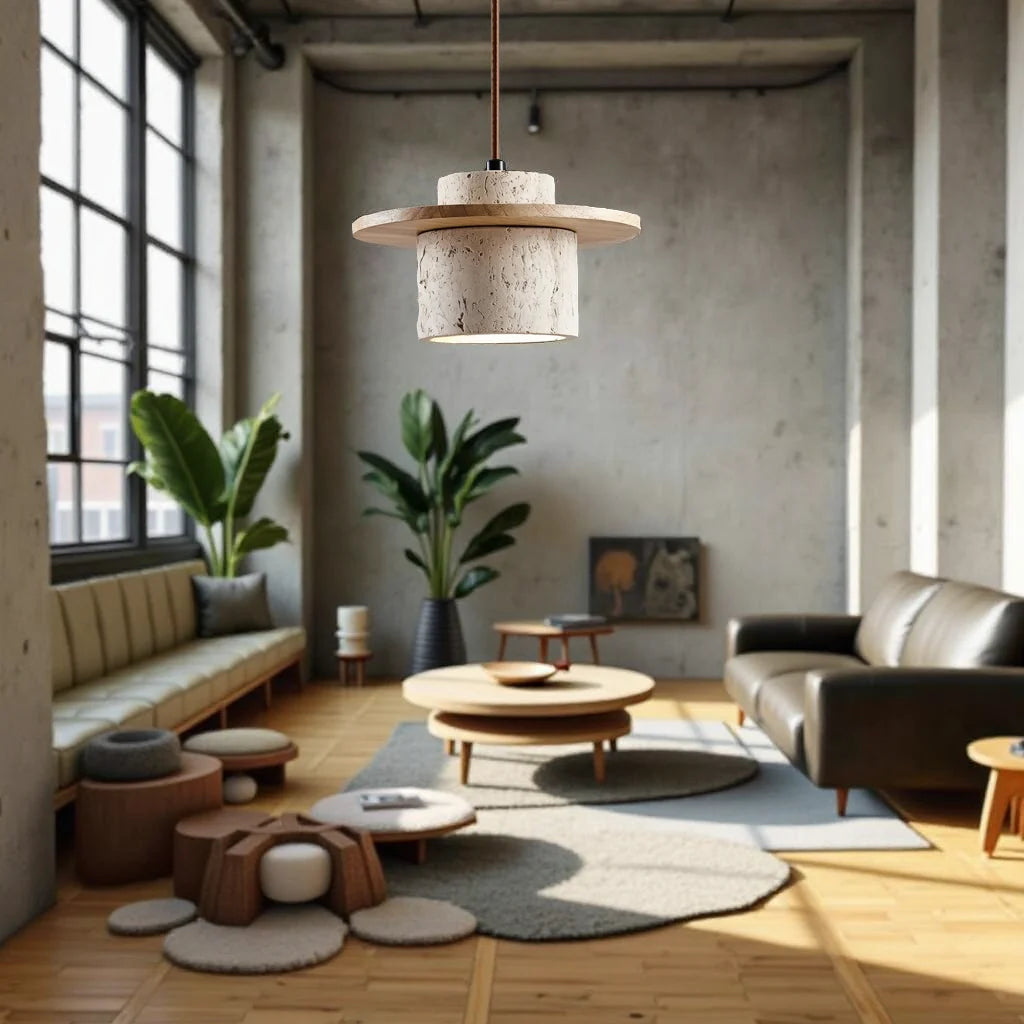Suspension LED en travertine naturelle et bois design japonais minimaliste éclairage chaleureux salon chambre | Koossa