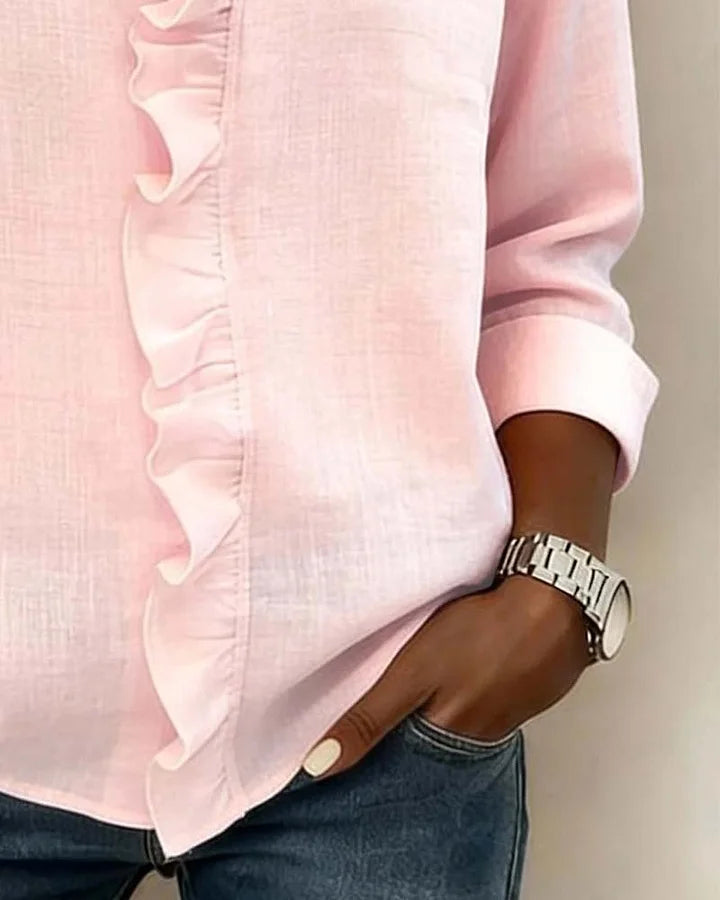 Women's Ruffle-Trim V-Neck Blouse in Soft Flowing Fabric – Elegant Long-Sleeve Top for Effortless Day-to-Evening Style | Koossa