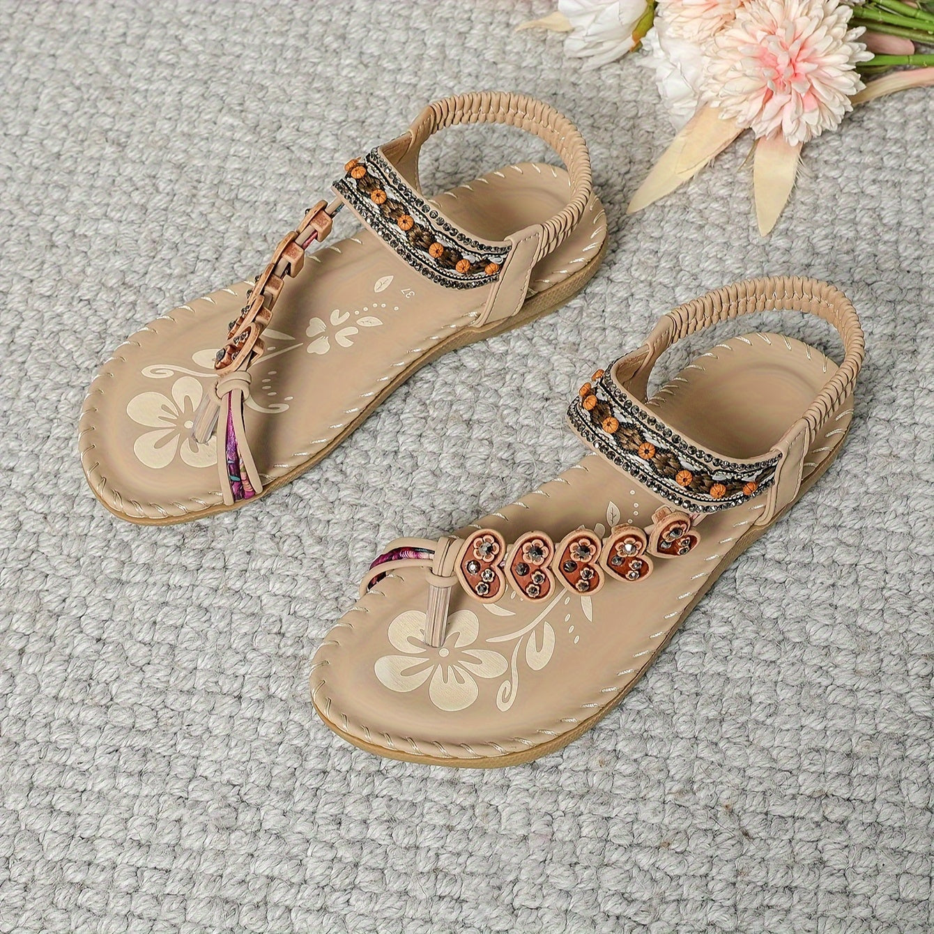 Women's Beaded Flat Sandals with Ankle Strap – Embellished Toe-Post Summer Footwear in Versatile Colours | Koossa