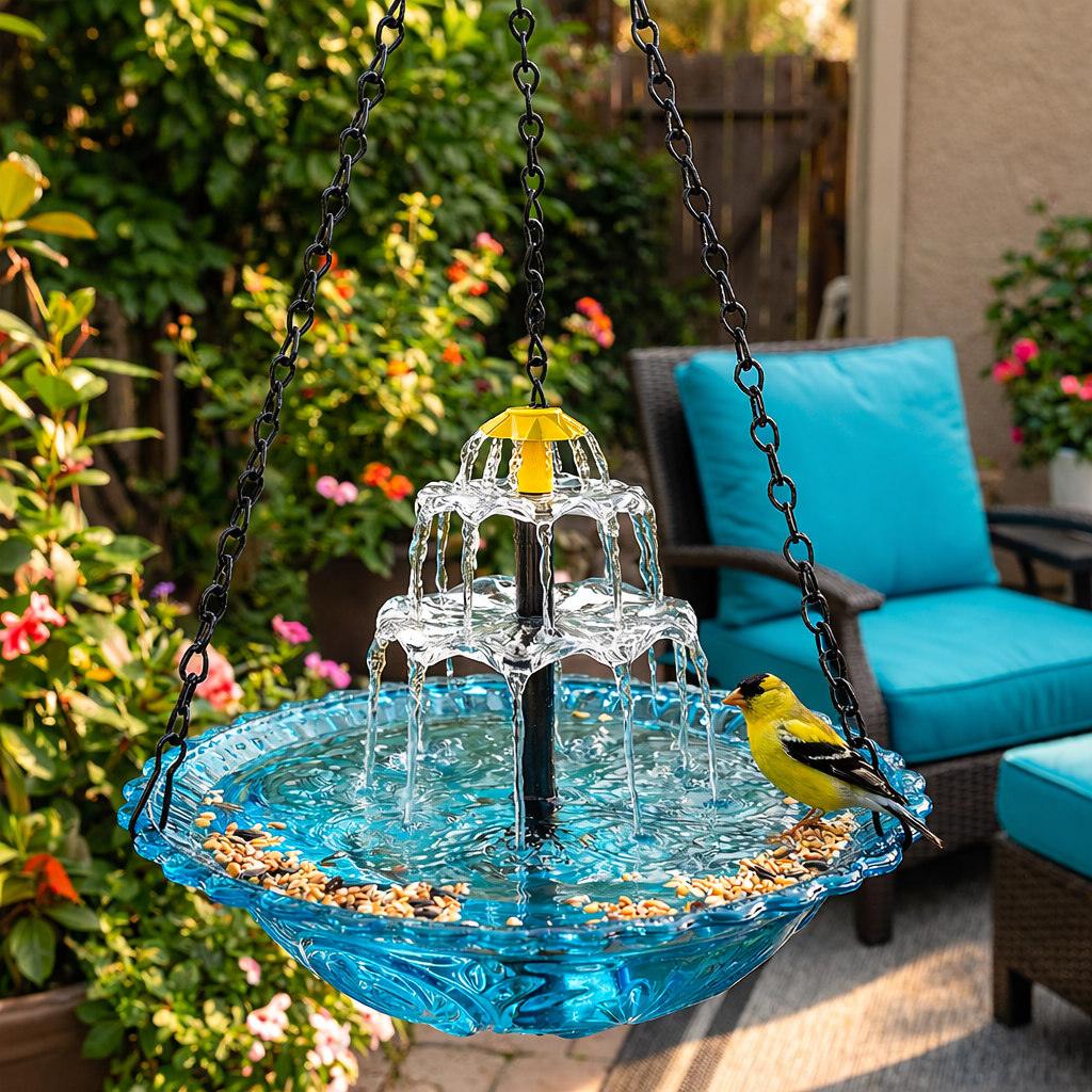 Fontaine à oiseaux suspendue solaire deux vasques verre Ø 25,5 cm cascade automatique jardin terrasse | Koossa