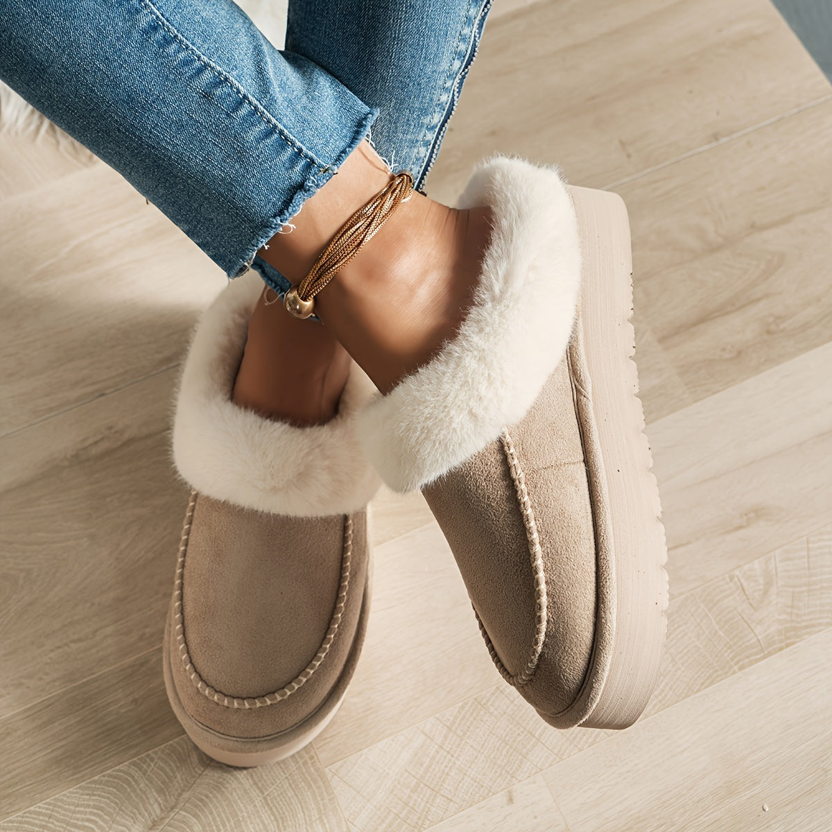 Women's Faux Fur Moccasin Slippers | Warm Indoor Outdoor Footwear in Black Brown Khaki | Cushioned Non-Slip Sole Winter House Shoes | Koossa