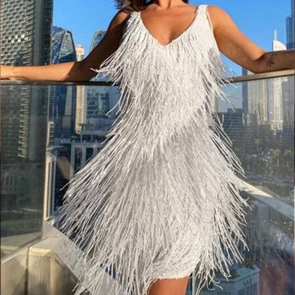Fringed Mini Dress with V-Neckline in White, Gold, Pink and Black for Special Occasions | Koossa