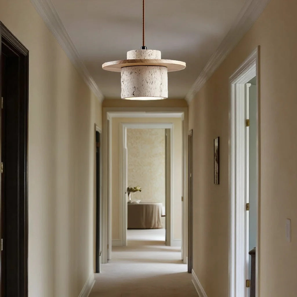 Suspension LED en travertine naturelle et bois design japonais minimaliste éclairage chaleureux salon chambre | Koossa