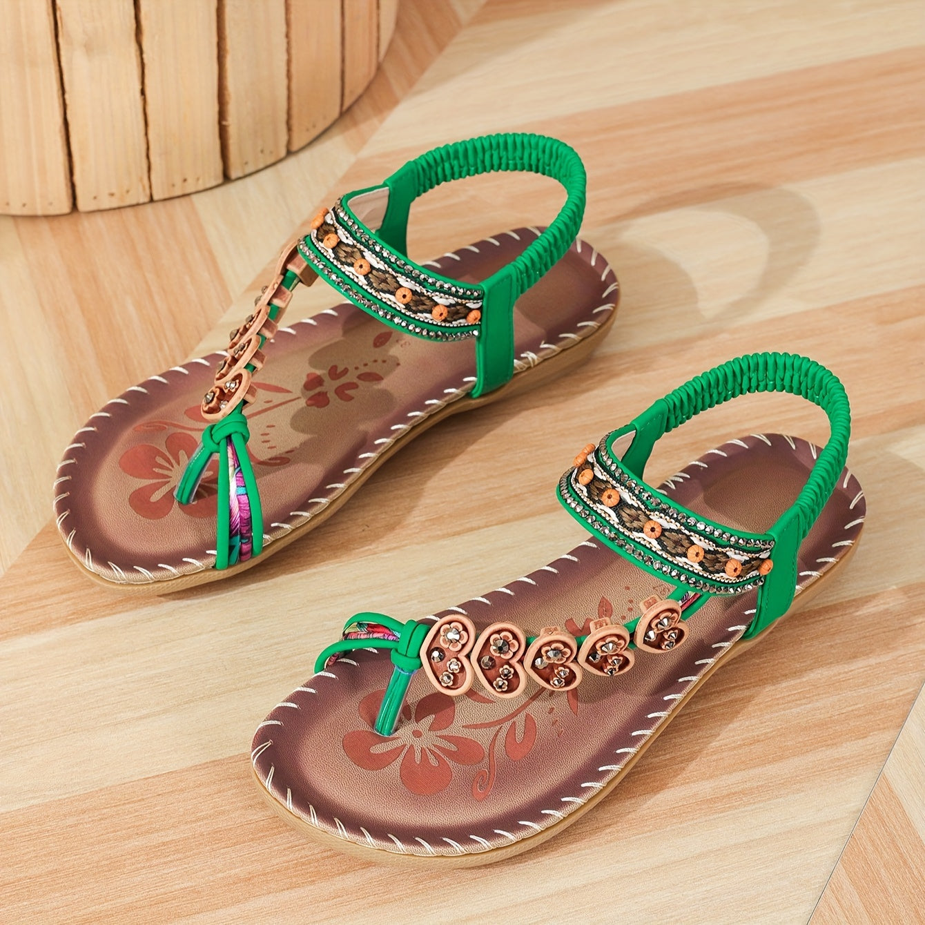 Women's Beaded Flat Sandals with Ankle Strap – Embellished Toe-Post Summer Footwear in Versatile Colours | Koossa