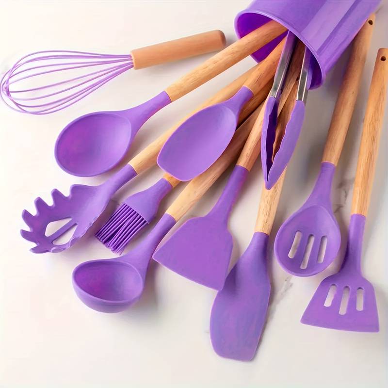 Set de 12 Ustensiles de Cuisine en Silicone avec Manches en Bois Naturel pour Cuisson Douce et Soignée | Koossa