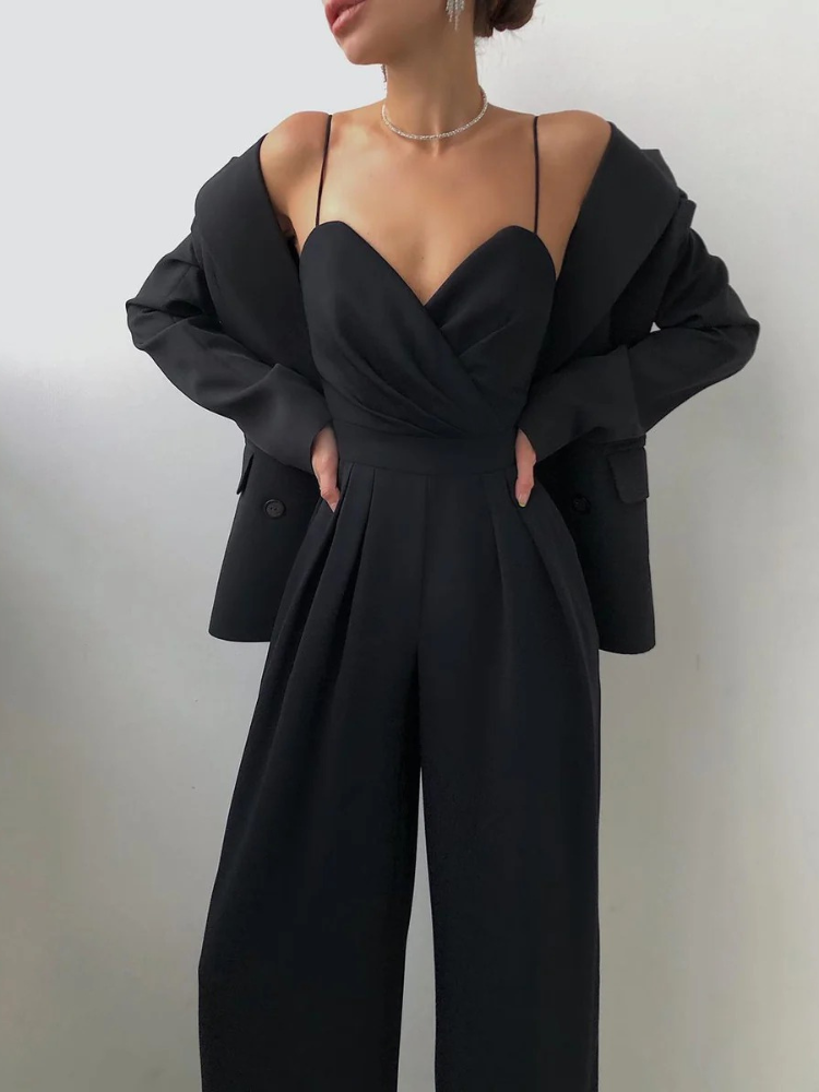 Women's Wide-Leg Black Jumpsuit — Elegant All-in-One for Evening Occasions & Summer Parties | Koossa