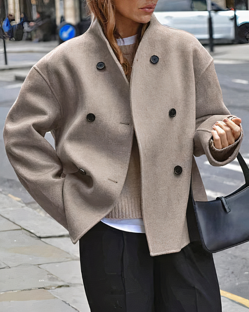 Women's Double-Breasted Wool Coat — Classic Tailored Overcoat in Taupe Grey Black for Autumn Winter | Koossa