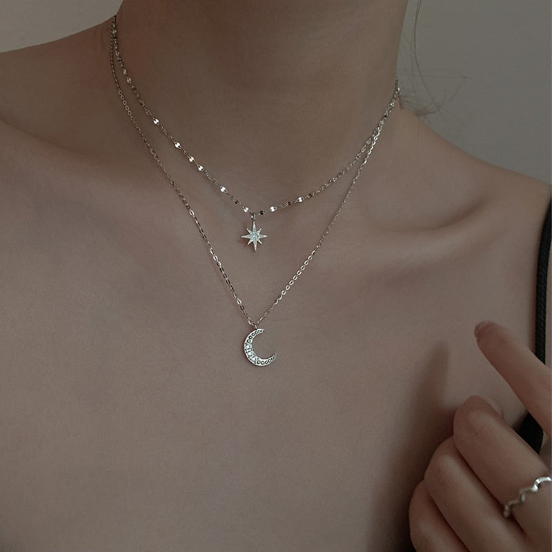 Women's Silver Double Moon Necklace — Elegant Celestial Pendant Jewellery for Evening & Special Occasions | Koossa