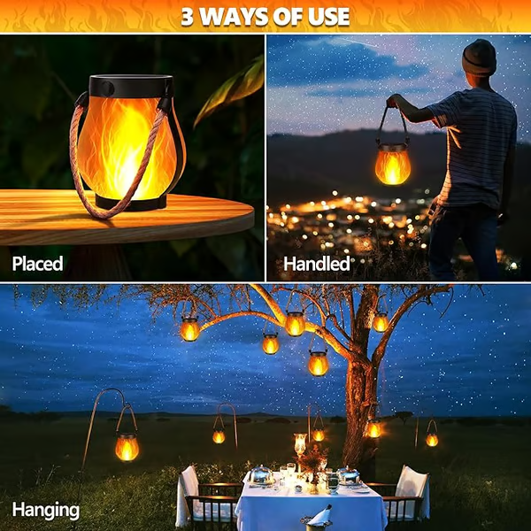 Solar Flickering Flame Lantern, Rechargeable Outdoor Hanging Garden Light, Bronze Metal Patio Decor, Camping & Porch Lantern | Lonoma