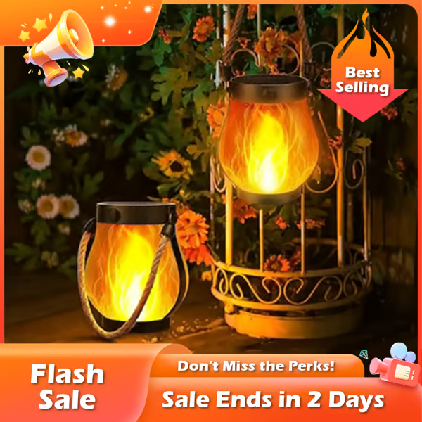 Solar Garden Lantern with Flickering Flame Effect for Outdoor Decor, Rechargeable LED Lantern with Rope Handle, Bronze Metal & Glass | Lonoma