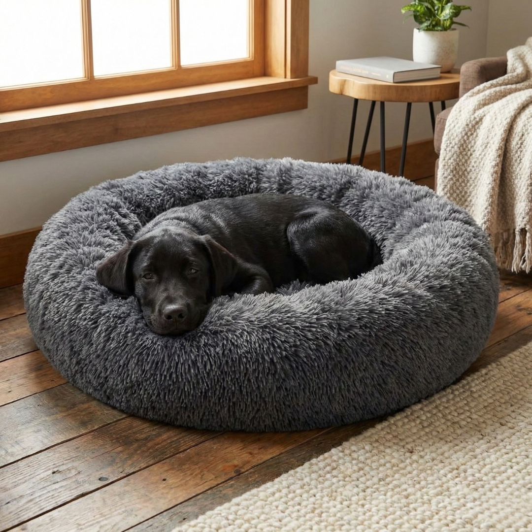 Dog Calming Bed Plush Donut Round Washable Cover Large Medium Anti-Anxiety Nesting Dog Bed Fluffy Shaggy Grey Curl-Up | Koossa