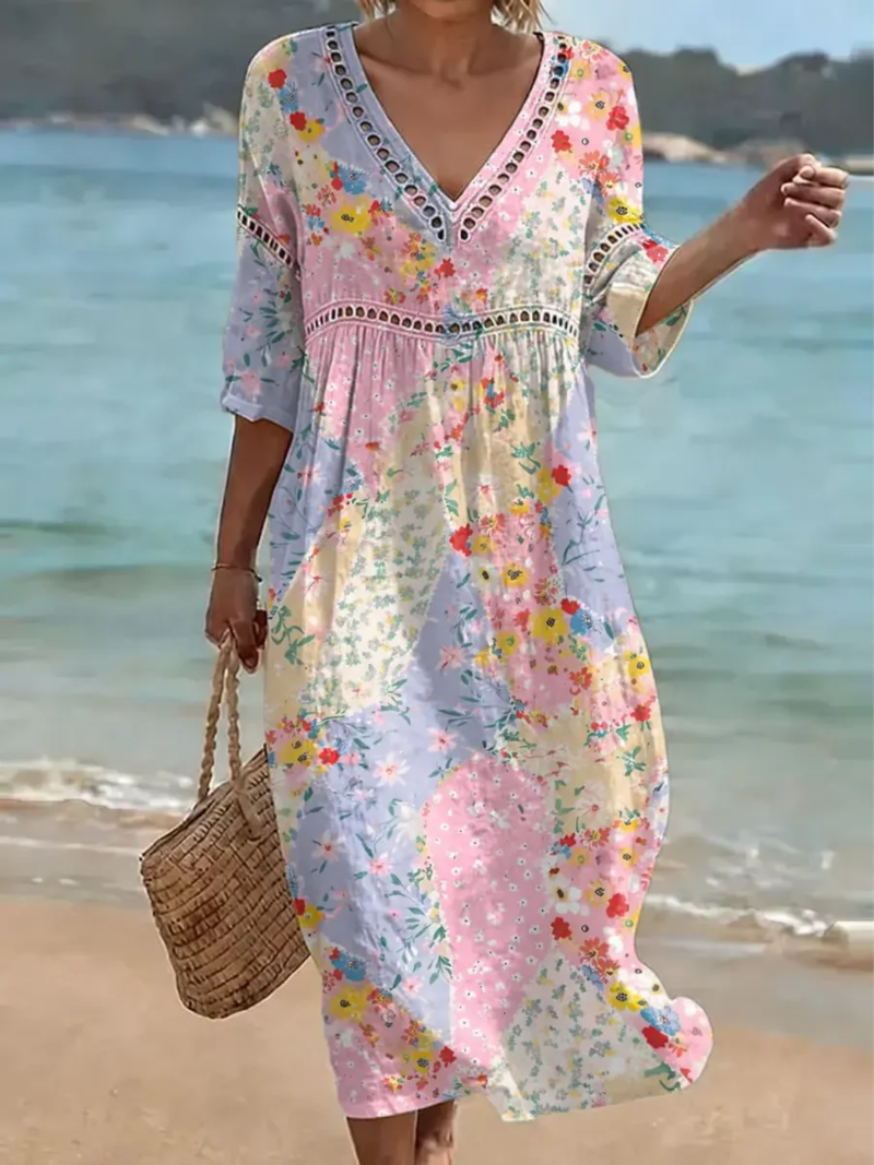 Women's Floral Patchwork Midi Dress in Multicolour — Lightweight V-Neck Summer Dress with Relaxed Flowing Silhouette for Warm Days Garden Parties Casual Occasions | Koossa