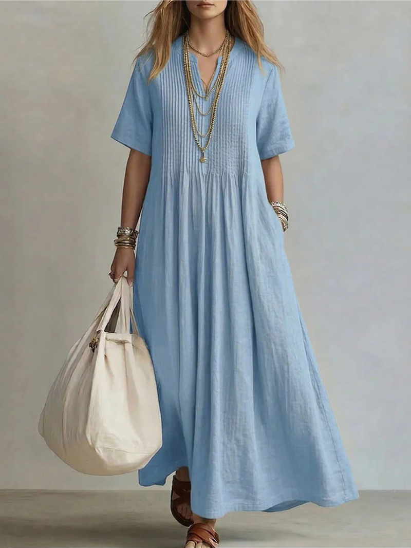 Women's Linen V-Neck Maxi Dress with Side Pockets in Pink, Green, Blue, Yellow & Navy | Relaxed Flowing Silhouette for Summer Garden Parties Warm Weather Occasions | Koossa