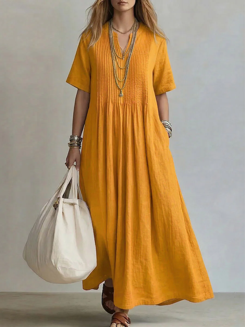 Women's Pleated V-Neck Midi Dress with Mid-Length Sleeves in Lightweight Fabric for Spring Summer Occasions | Koossa