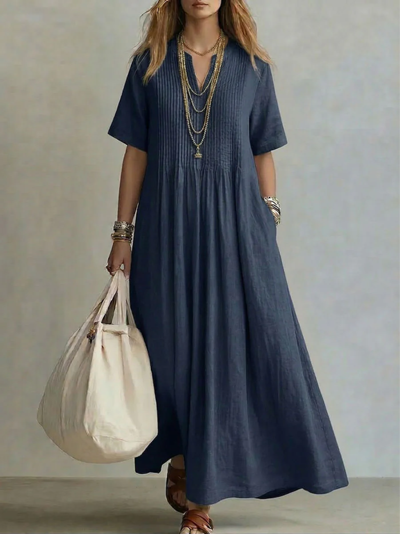Women's Linen V-Neck Maxi Dress with Side Pockets in Pink, Green, Blue, Yellow & Navy | Relaxed Flowing Silhouette for Summer Garden Parties Warm Weather Occasions | Koossa