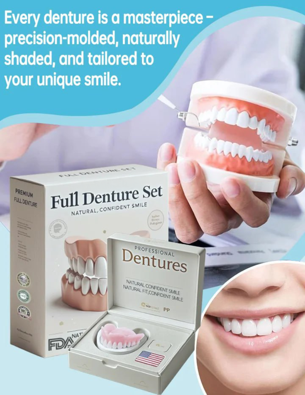 Moldable Cosmetic Denture Set Upper & Lower, Natural White Temporary Teeth, Heat-Fit Smile Cover for Photos and Events | Lonoma