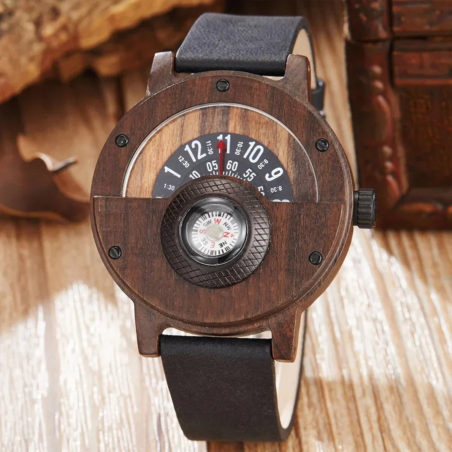 Men's Wooden Watch with Leather Strap — Classic Timepiece with Compass for Everyday Elegance | Koossa