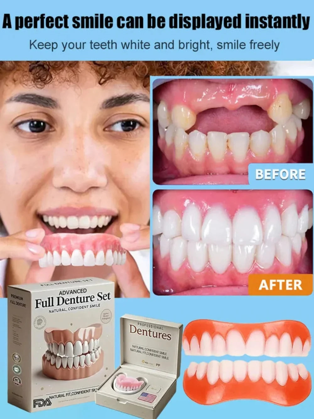Moldable Cosmetic Denture Set Upper & Lower, Natural White Temporary Teeth, Heat-Fit Smile Cover for Photos and Events | Lonoma