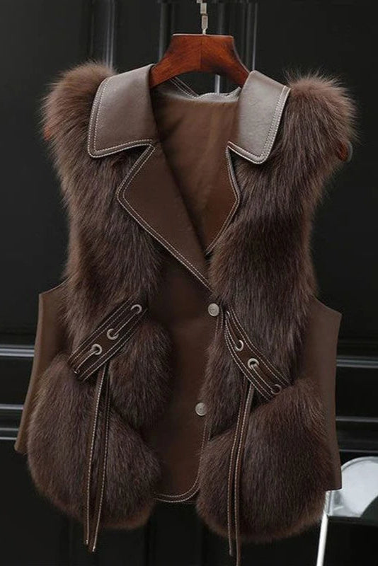 Faux Fur Sleeveless Gilet in Ivory, Brown and Black | Koossa