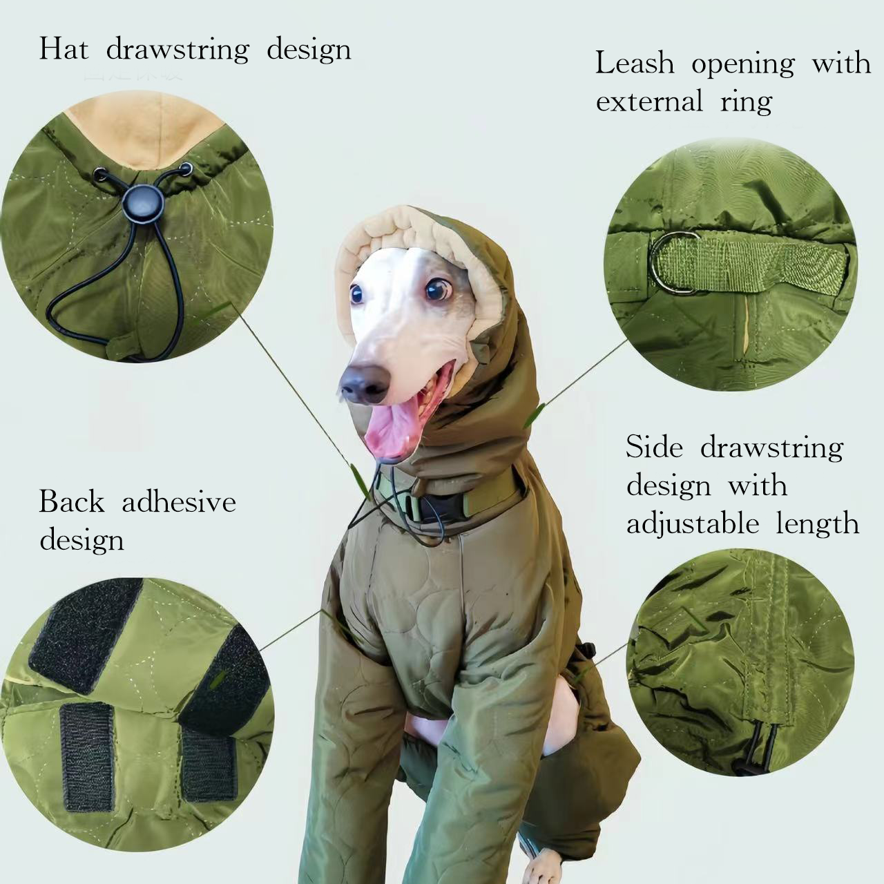 Dog Padded Coat Parka Fleece Lined Waterproof Whippet Greyhound S to 4XL Leash Ring High Neck Windproof | Koossa