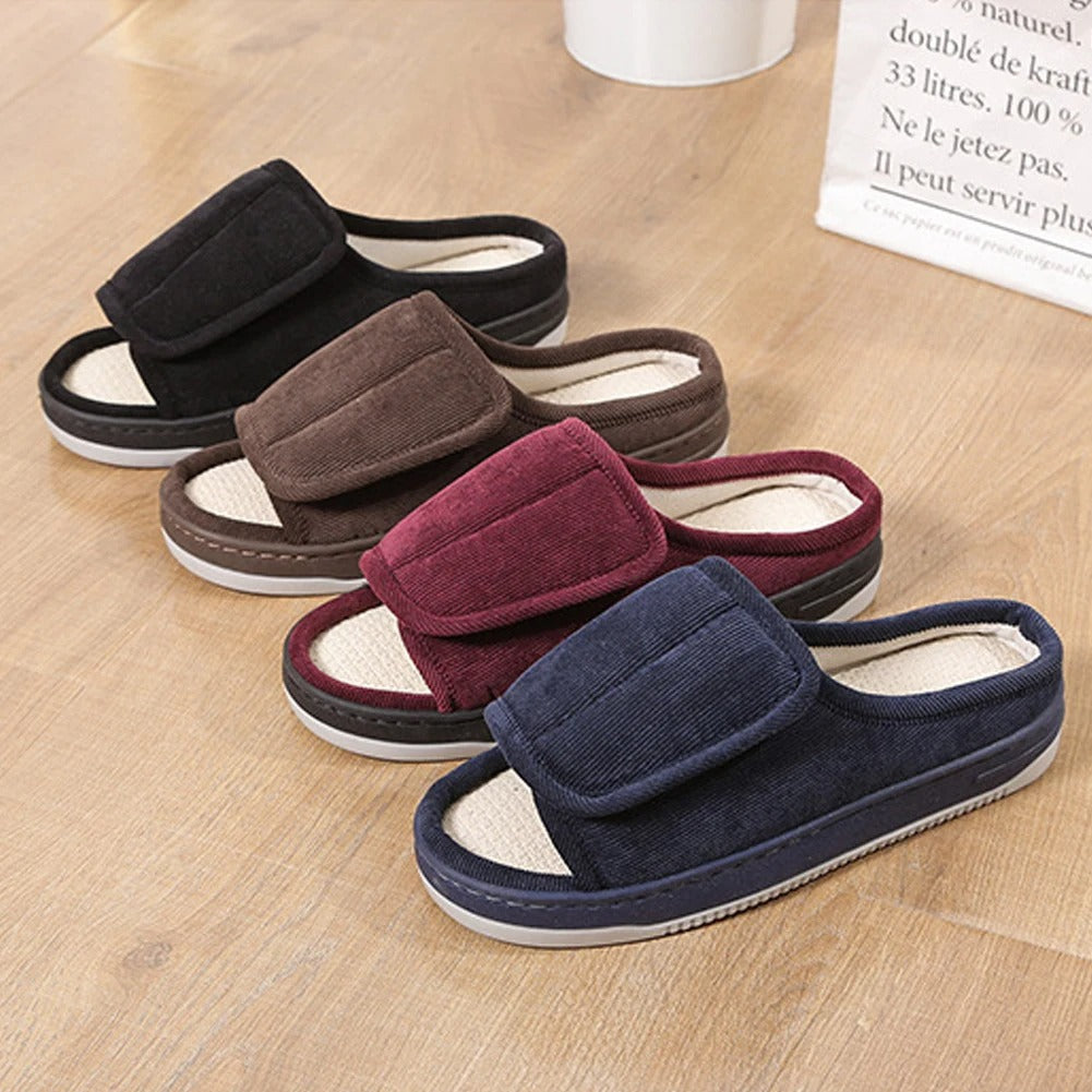 Adjustable Open-Toe Slippers for Swollen Feet, Extra-Wide Cushioned Edema Slippers with Hook-and-Loop Strap, Indoor Outdoor Rubber Sole | Lonoma