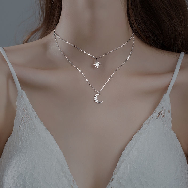 Women's Silver Double Moon Necklace — Elegant Celestial Pendant Jewellery for Evening & Special Occasions | Koossa