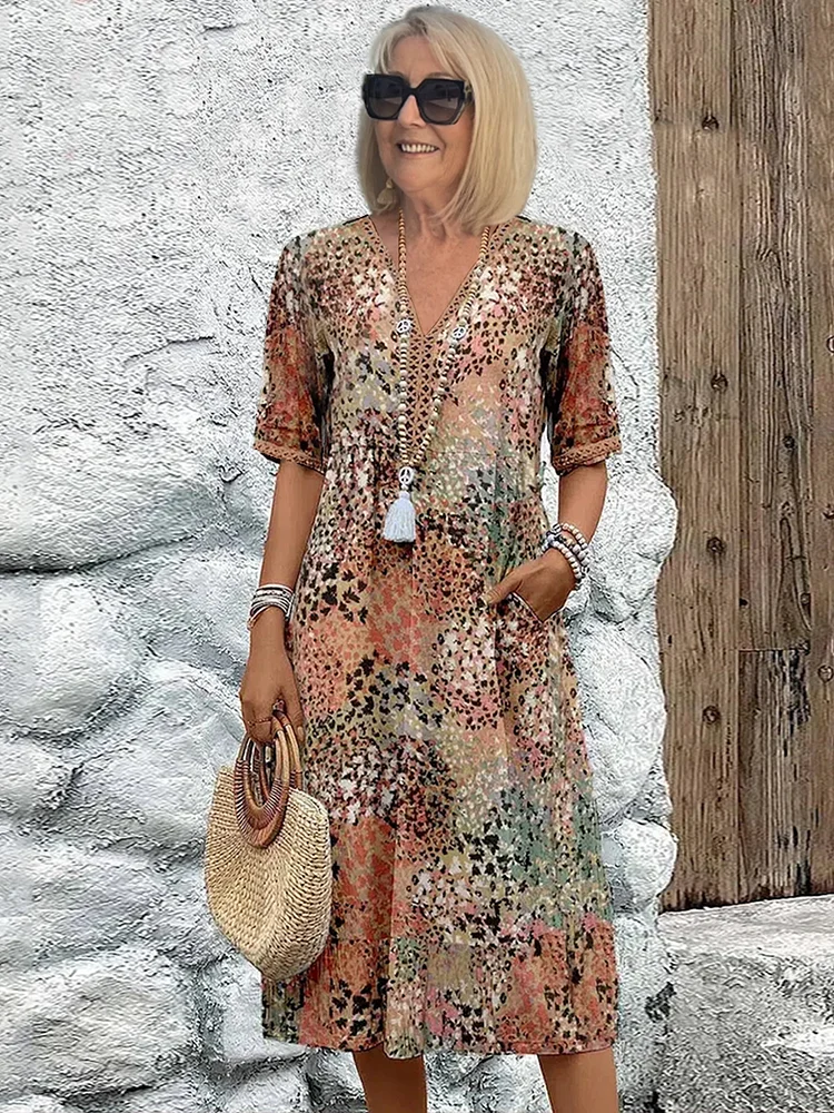 Vibrant Patterned Midi Dress in Flowing Silhouette for Women | Elegant Statement Dress with Graceful Movement and Bold Character | Koossa