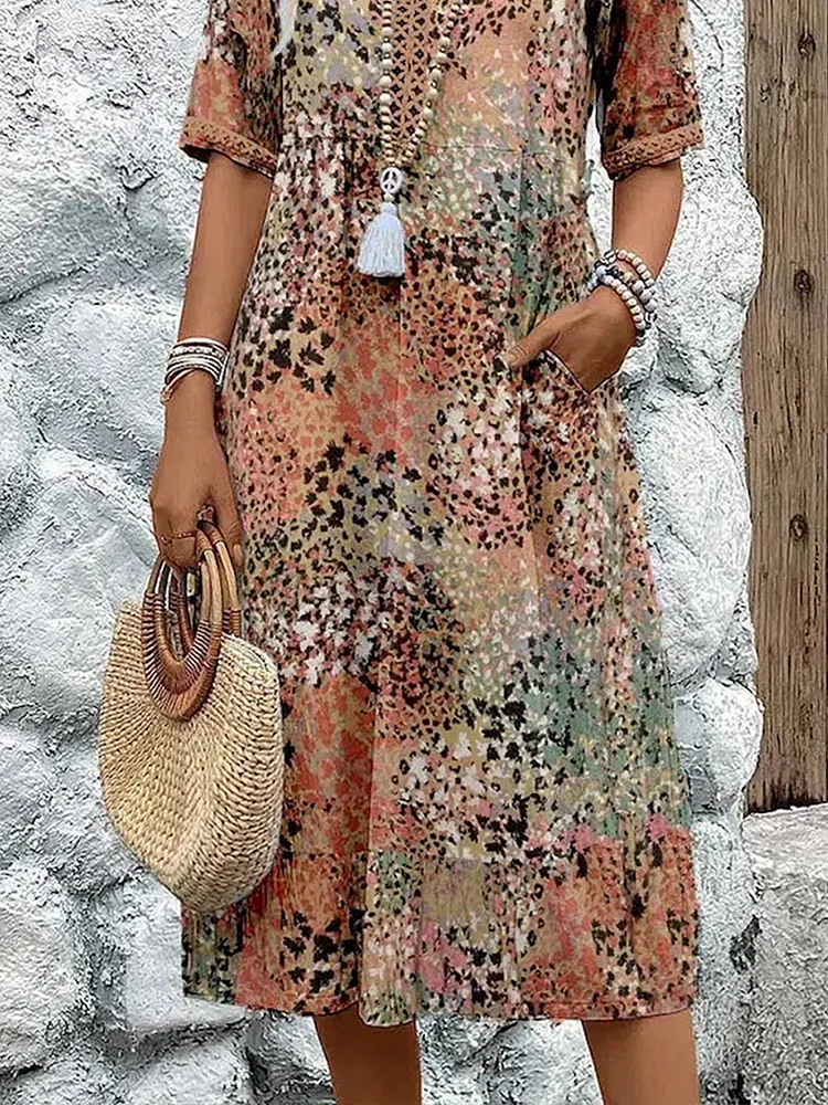 Vibrant Patterned Midi Dress in Flowing Silhouette for Women | Elegant Statement Dress with Graceful Movement and Bold Character | Koossa