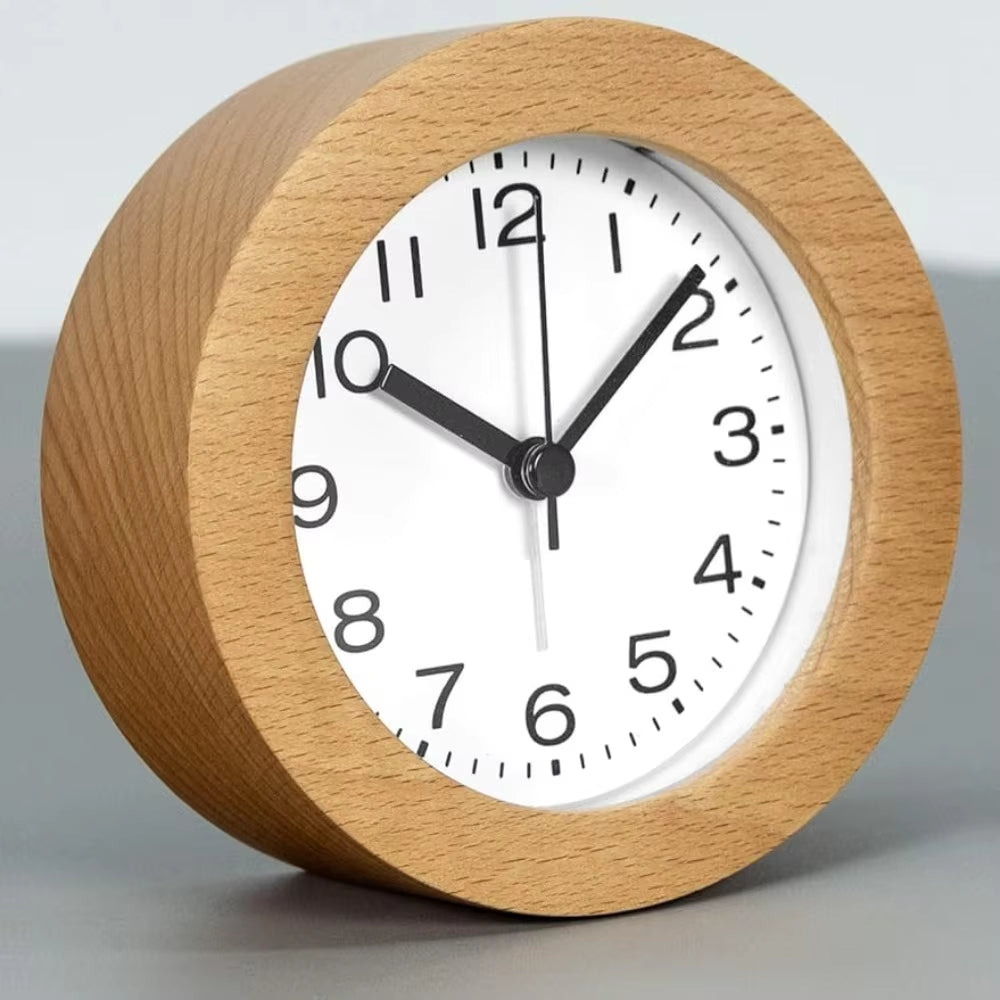 Natural Wood Alarm Clock with LED Nightlight – Silent Analog Quartz Design for Peaceful Sleep and Gentle Wake-Up | Lonoma