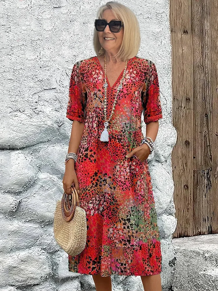 Vibrant Patterned Midi Dress in Flowing Silhouette for Women | Elegant Statement Dress with Graceful Movement and Bold Character | Koossa