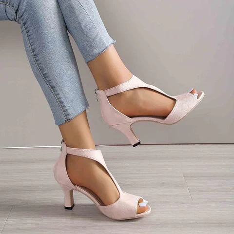 Peep Toe Mid Heel Sandals with Ankle Strap in Black and Pink – Elegant Occasion Footwear for Weddings and Evening Events | Koossa