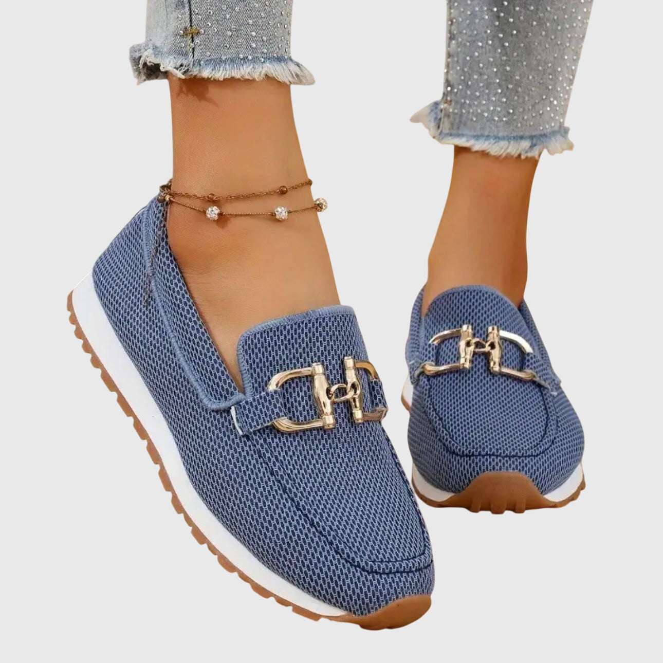 Women's Slip-On Loafers with Metal Trim in Blue, Beige, Grey & White | Classic Comfort Footwear for Everyday Wear, Weekend Styling & Casual Occasions | Koossa