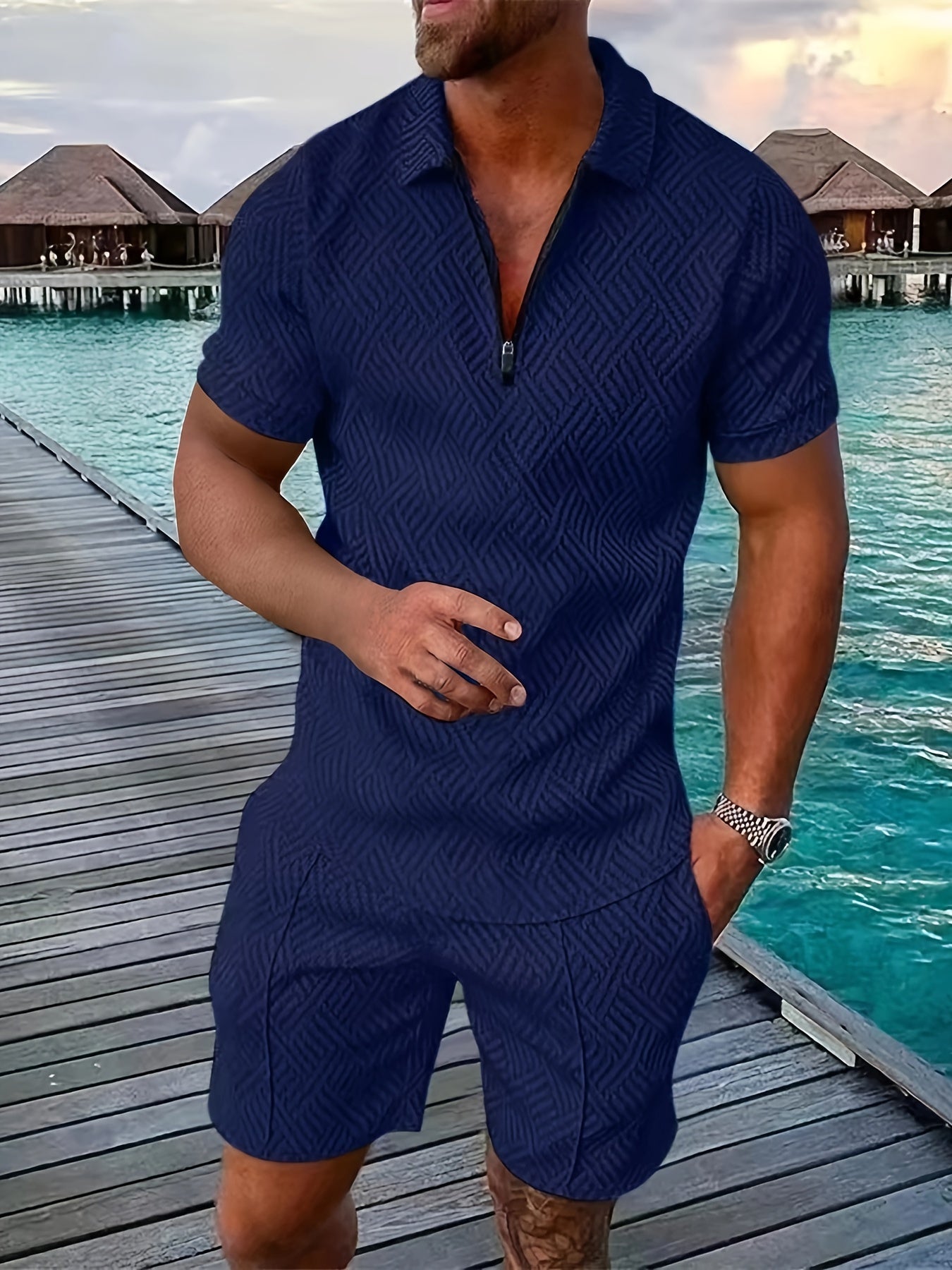 Men's Geometric Short-Sleeve Shirt and Shorts Co-Ord Set in Cotton Blend with Zip Collar for Smart Casual Summer Leisure | Koossa