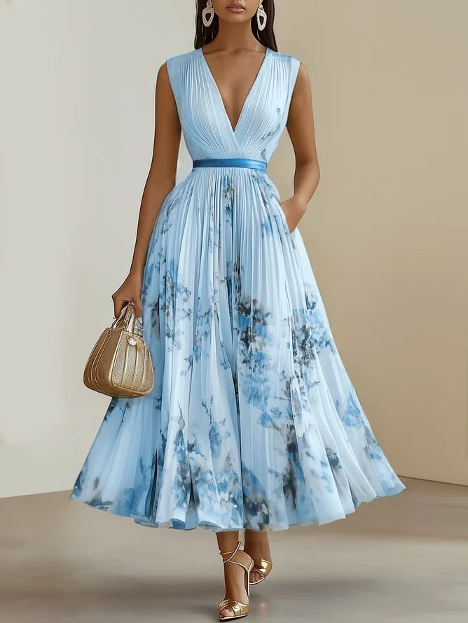 Women's Sleeveless Wrap Maxi Dress with V-Neckline in Soft Pastel Tones for Garden Parties and Summer Occasions | Koossa