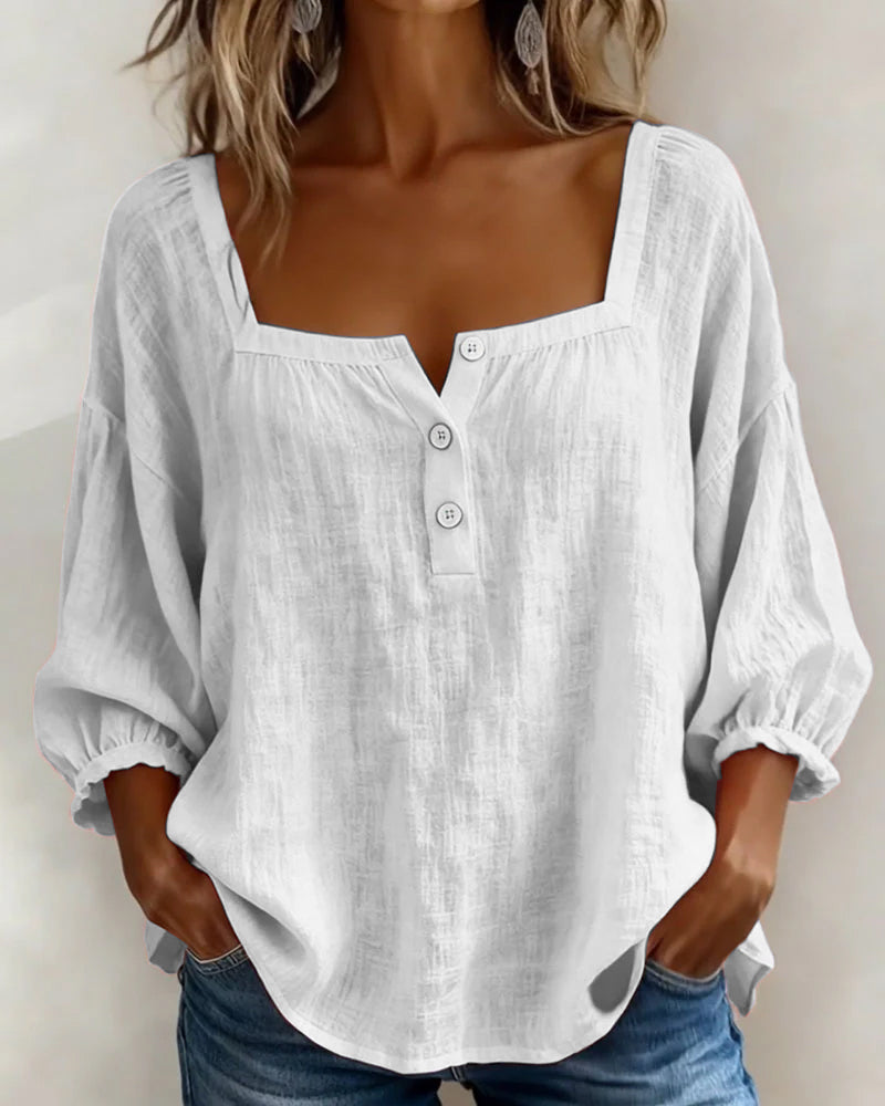 Women's Square Neck Puff Sleeve Blouse in Cotton Blend – Classic Feminine Wardrobe Essential for Every Season | Koossa