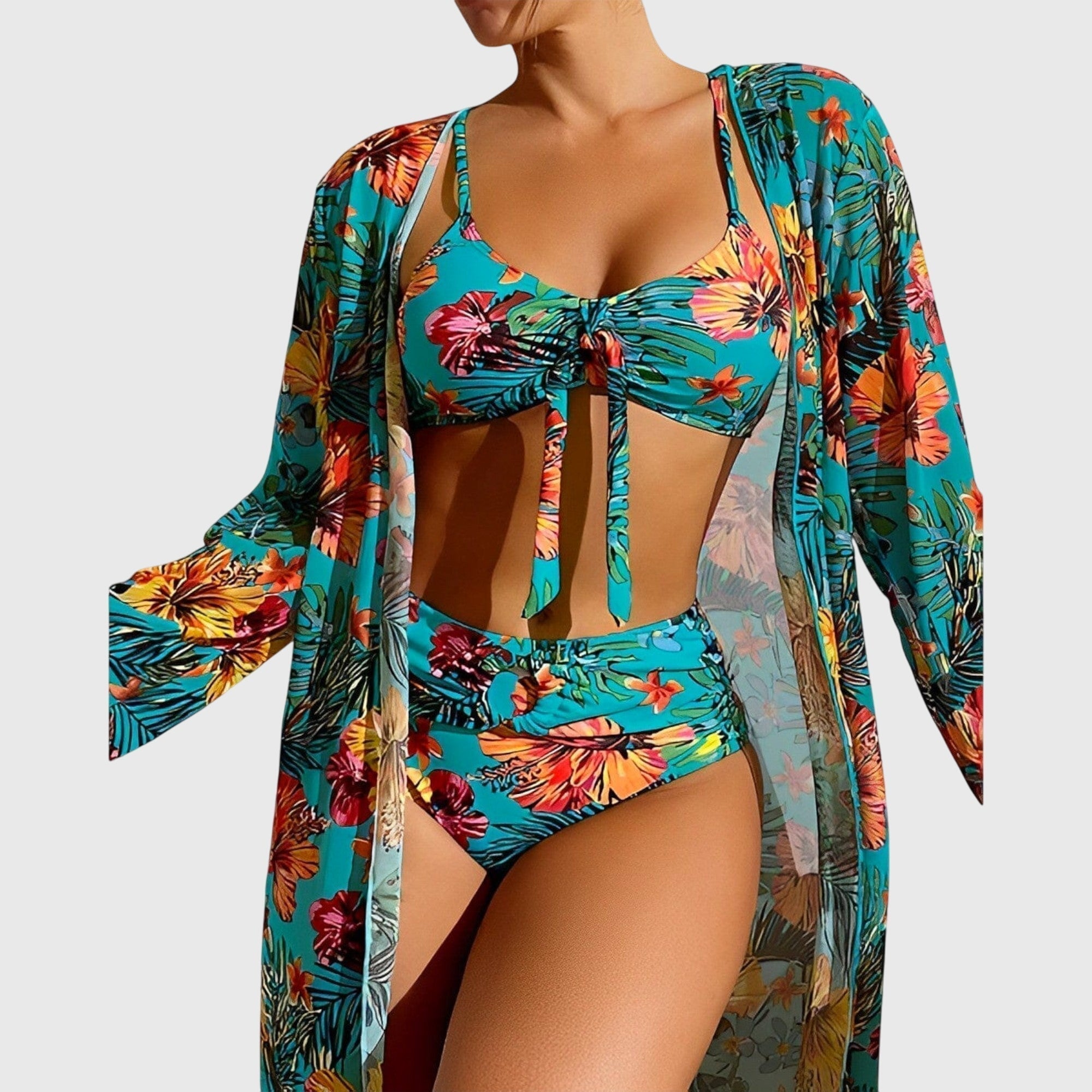 Women's Tropical Print Bikini Set with Tie-Front Top and High-Rise Bottoms for Beach and Resort | Koossa