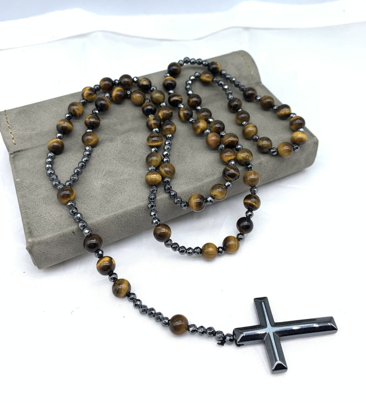 Natural Stone Rosary Necklace with Cross Pendant for Men – Tiger Eye, Lapis Lazuli, Jasper – Adjustable Length Beaded Chain | Lonoma