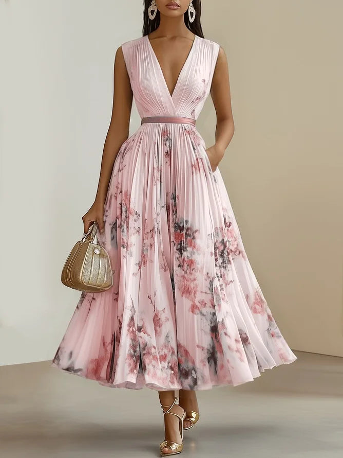 Women's Sleeveless Wrap Maxi Dress with V-Neckline in Soft Pastel Tones for Garden Parties and Summer Occasions | Koossa