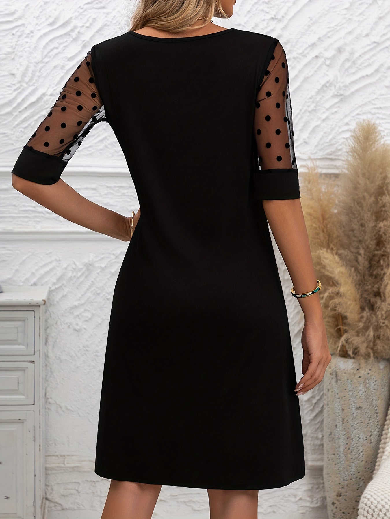 Women's Lace Dress with Sheer Sleeves in Black for Elegant Occasions | Refined Straight-Cut Feminine Style | Koossa