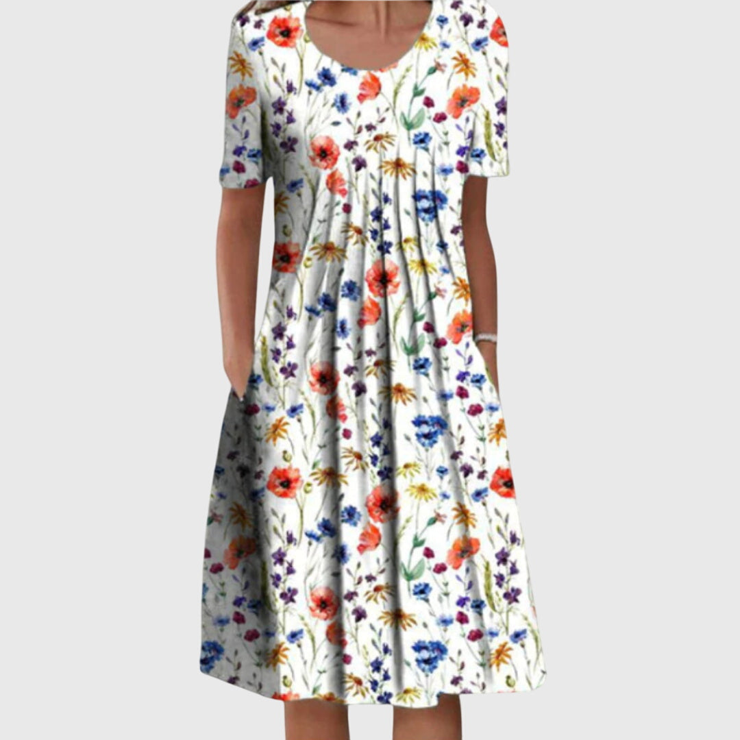 Women's Round Neck Floral Printed Layered Dress in Red, Yellow, and Blue | Classic Elegant Dress for Special Occasions and Everyday Wear | Flattering Fit Tummy Coverage Comfortable Fabric | Koossa