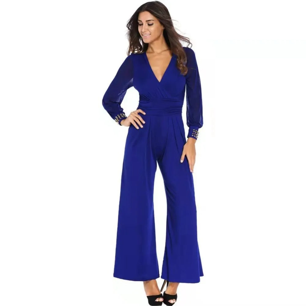 Women's Wrap-Front Wide-Leg Jumpsuit with Long Sleeves in Black and Blue | Koossa
